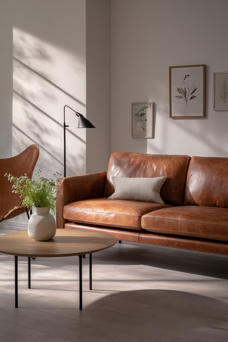 Camel leather mid-century sofa with round beech coffee table, black-framed botanical prints and leather sling chair