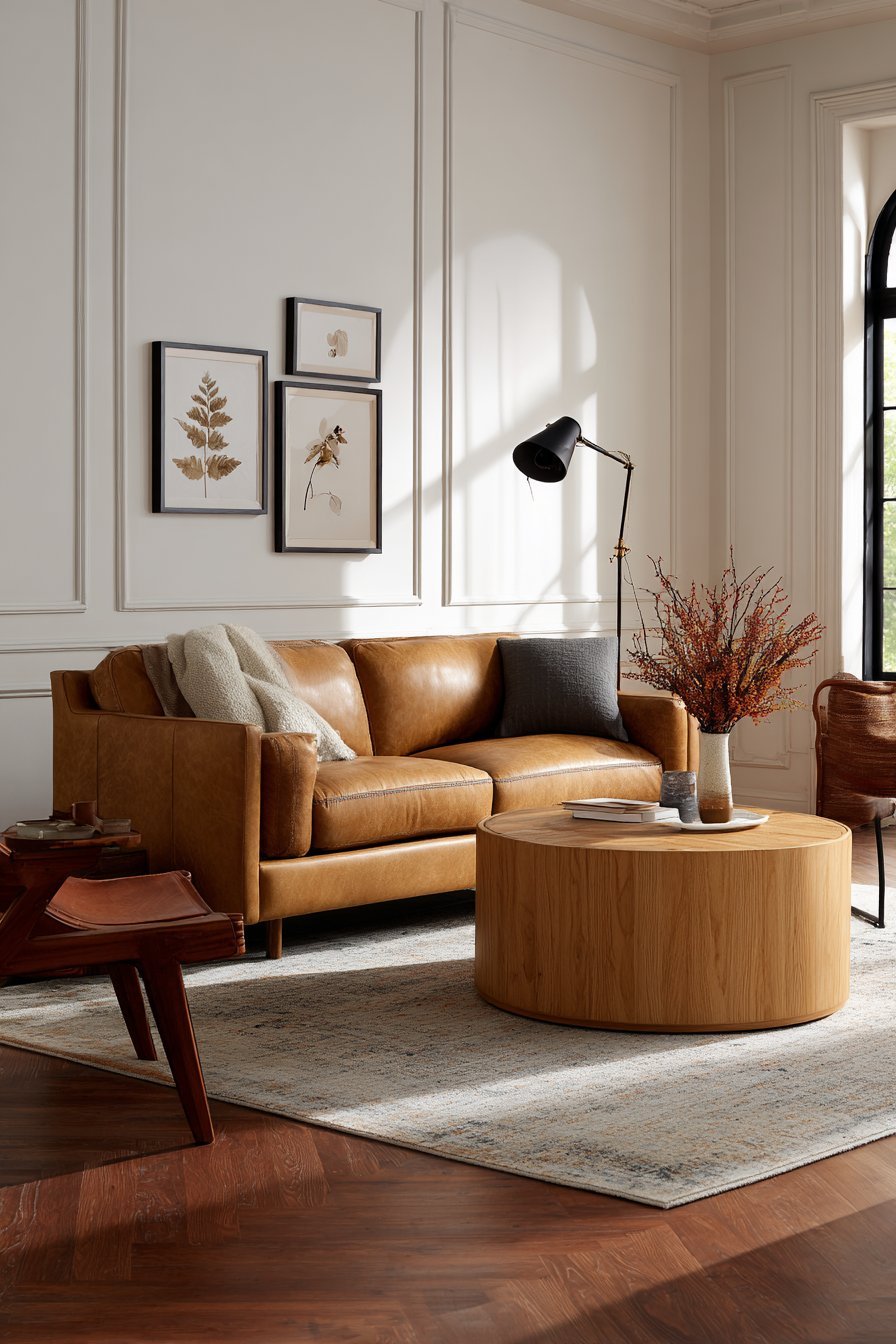 Camel leather mid-century sofa with round beech coffee table, black-framed botanical prints and leather sling chair