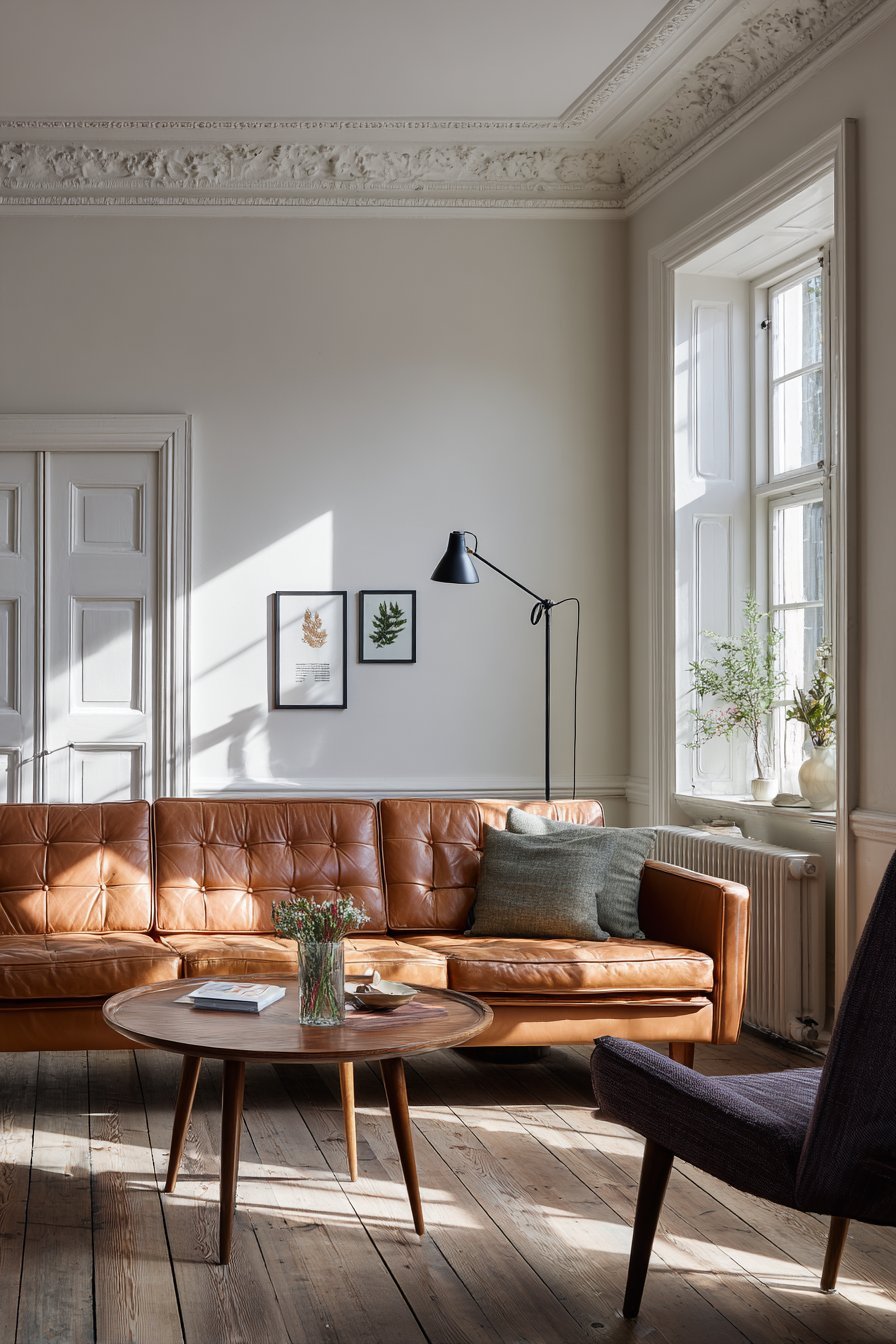 Camel leather mid-century sofa with round beech coffee table, black-framed botanical prints and leather sling chair