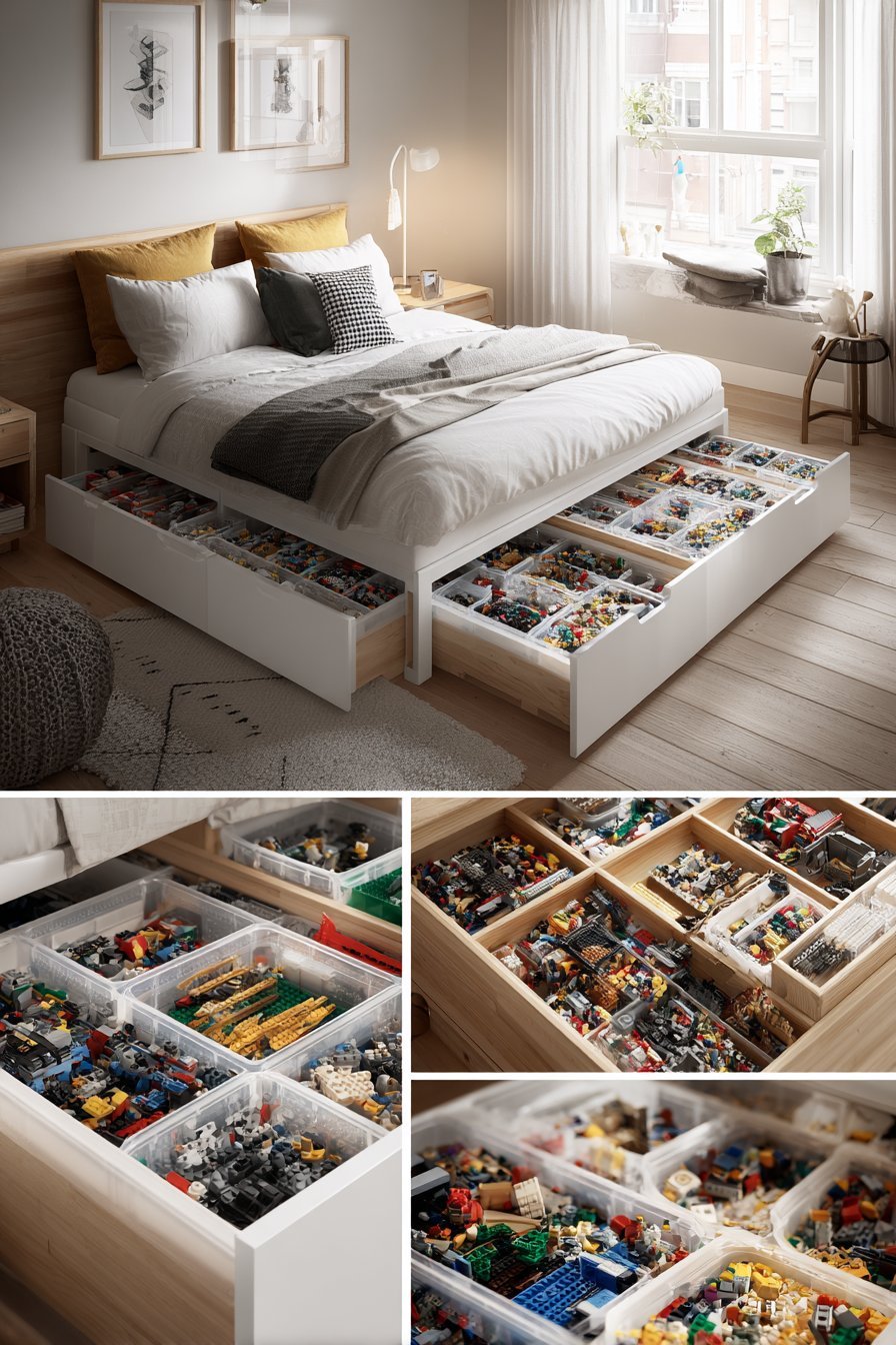Under-bed sliding white drawers with divided compartments of sorted Lego pieces beside a rolling building tray