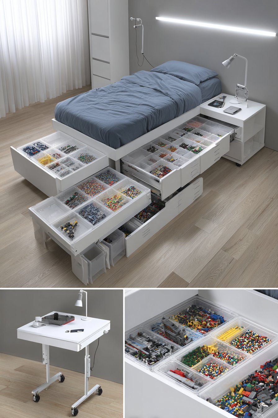 Under-bed sliding white drawers with divided compartments of sorted Lego pieces beside a rolling building tray