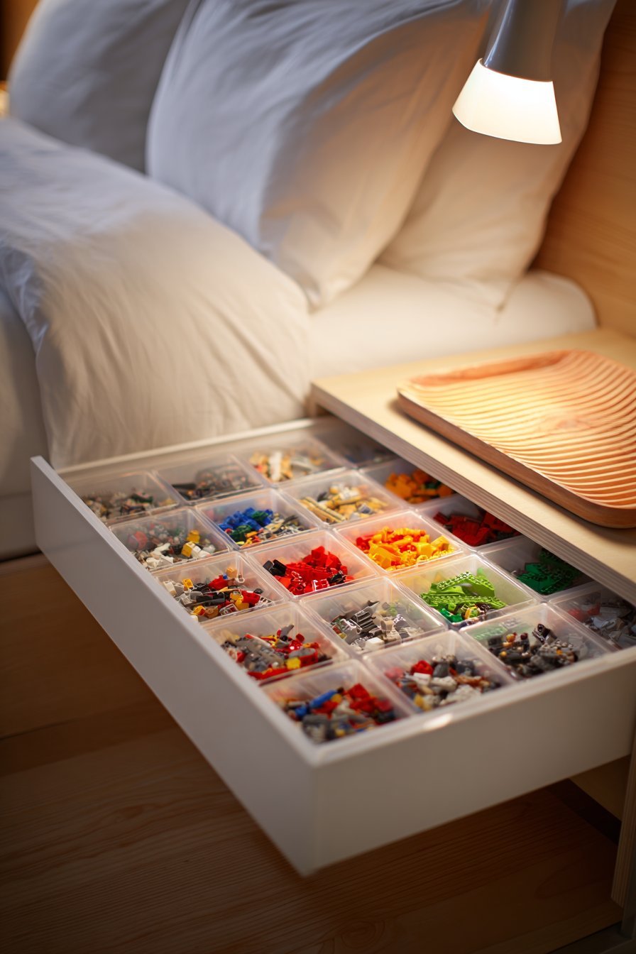 Under-bed sliding white drawers with divided compartments of sorted Lego pieces beside a rolling building tray