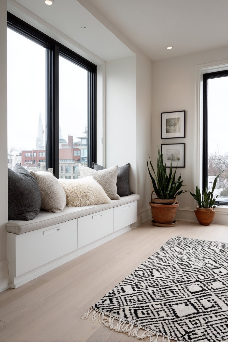 Window seat with storage drawers and grey cushions beside a white lacquer media console with oak legs