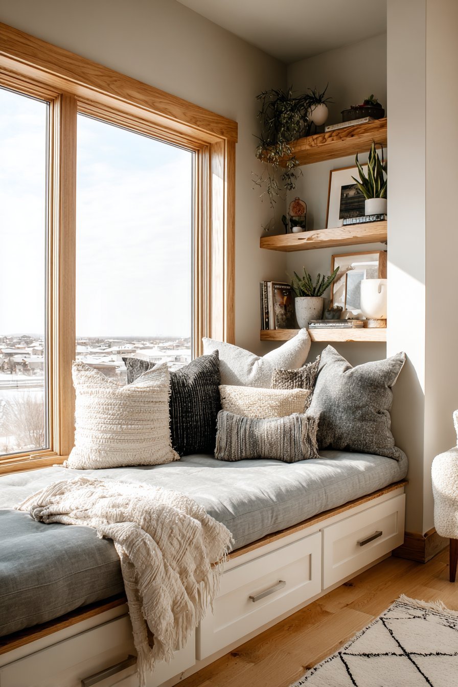 Window seat with storage drawers and grey cushions beside a white lacquer media console with oak legs