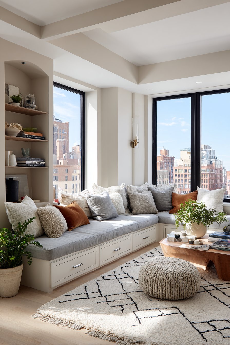 Window seat with storage drawers and grey cushions beside a white lacquer media console with oak legs