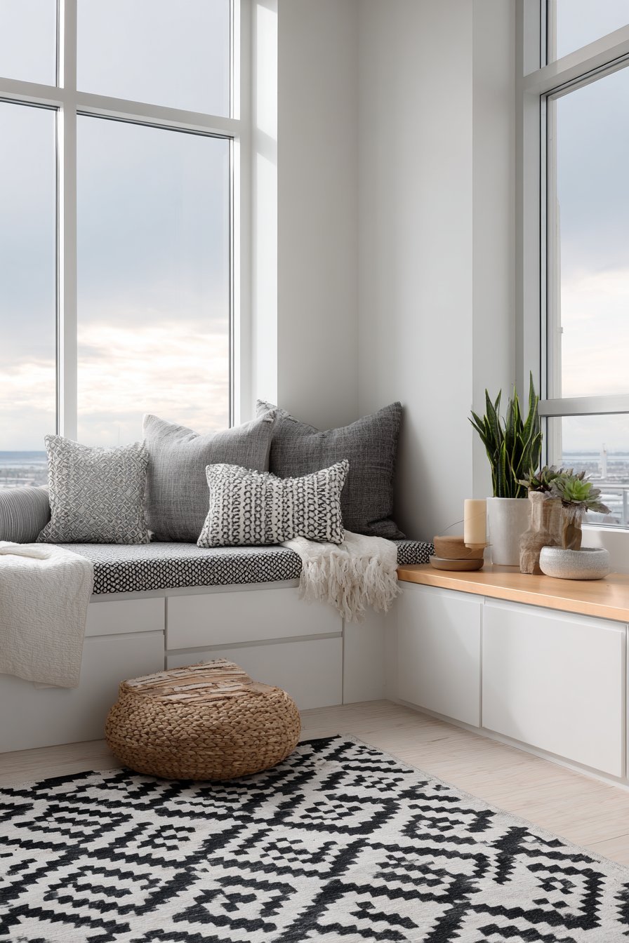 Window seat with storage drawers and grey cushions beside a white lacquer media console with oak legs