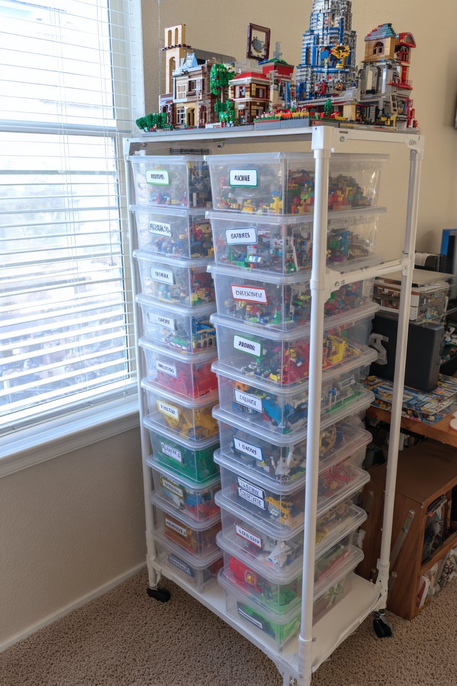 Five-shelf bookcase converted to Lego storage with labeled clear containers and finished Lego architecture sets on top