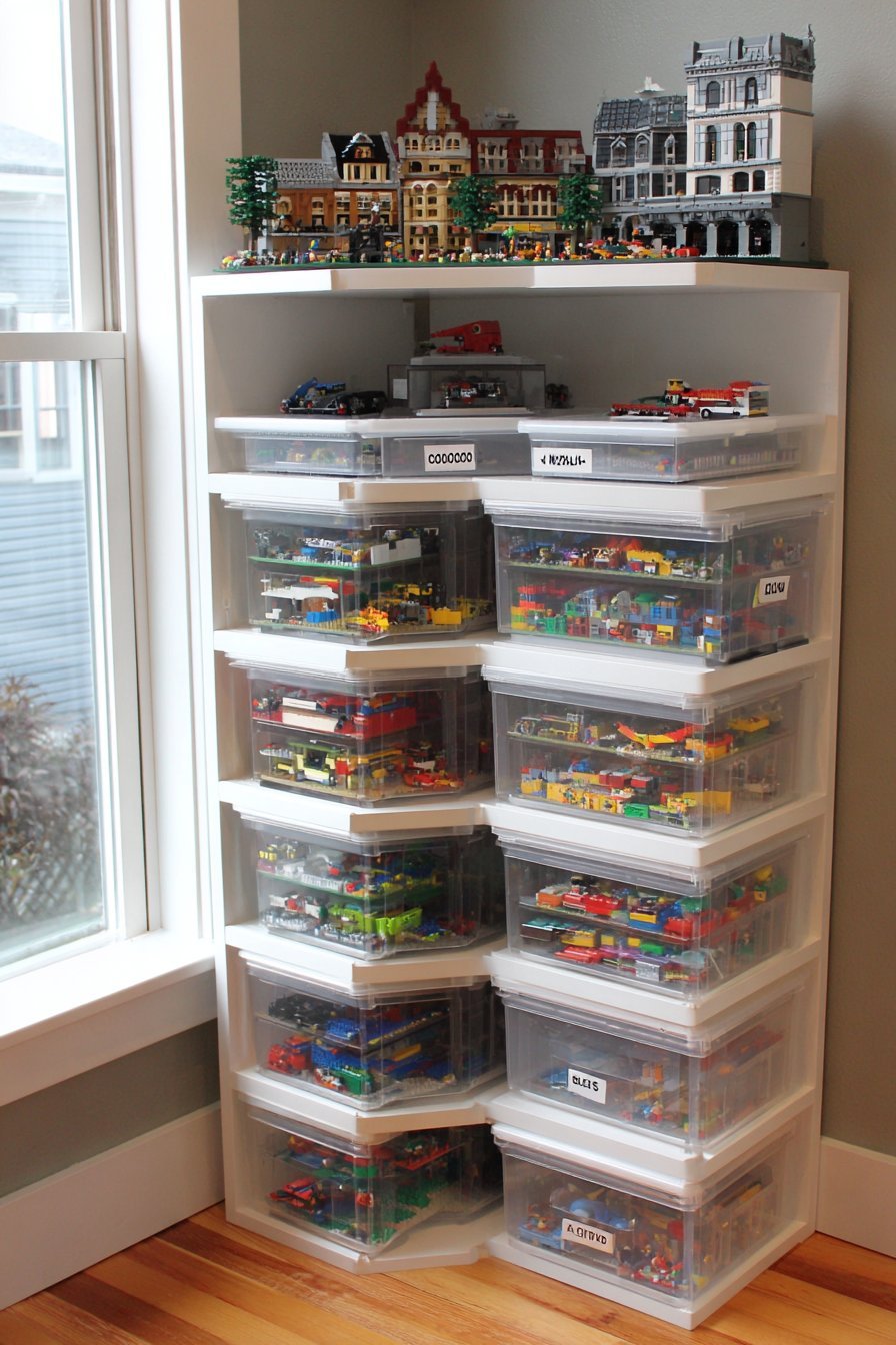 Five-shelf bookcase converted to Lego storage with labeled clear containers and finished Lego architecture sets on top