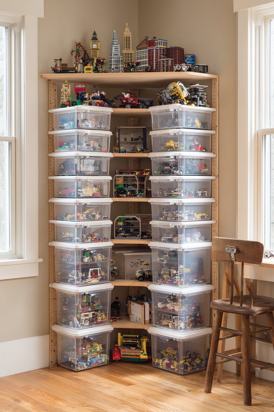 Five-shelf bookcase converted to Lego storage with labeled clear containers and finished Lego architecture sets on top