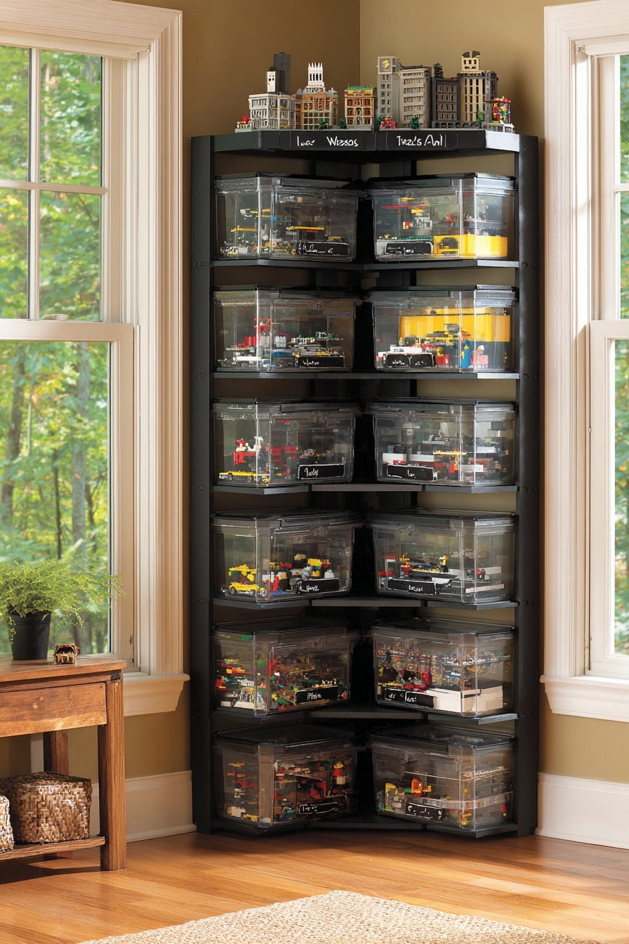 Five-shelf bookcase converted to Lego storage with labeled clear containers and finished Lego architecture sets on top