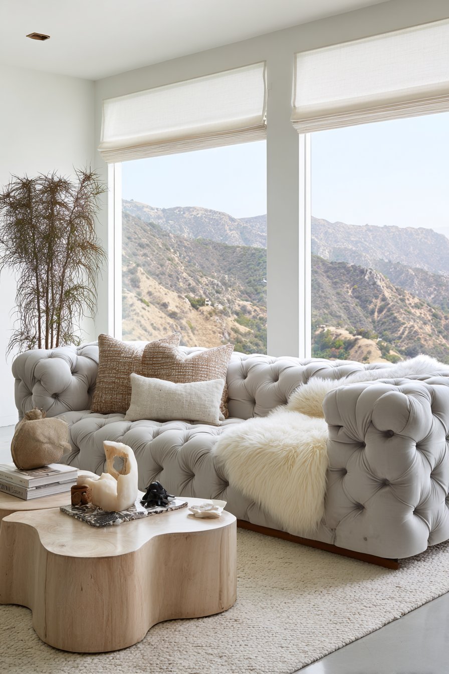 Grey velvet tufted sofa with curved white oak coffee table, sheepskin throw and floor-to-ceiling windows