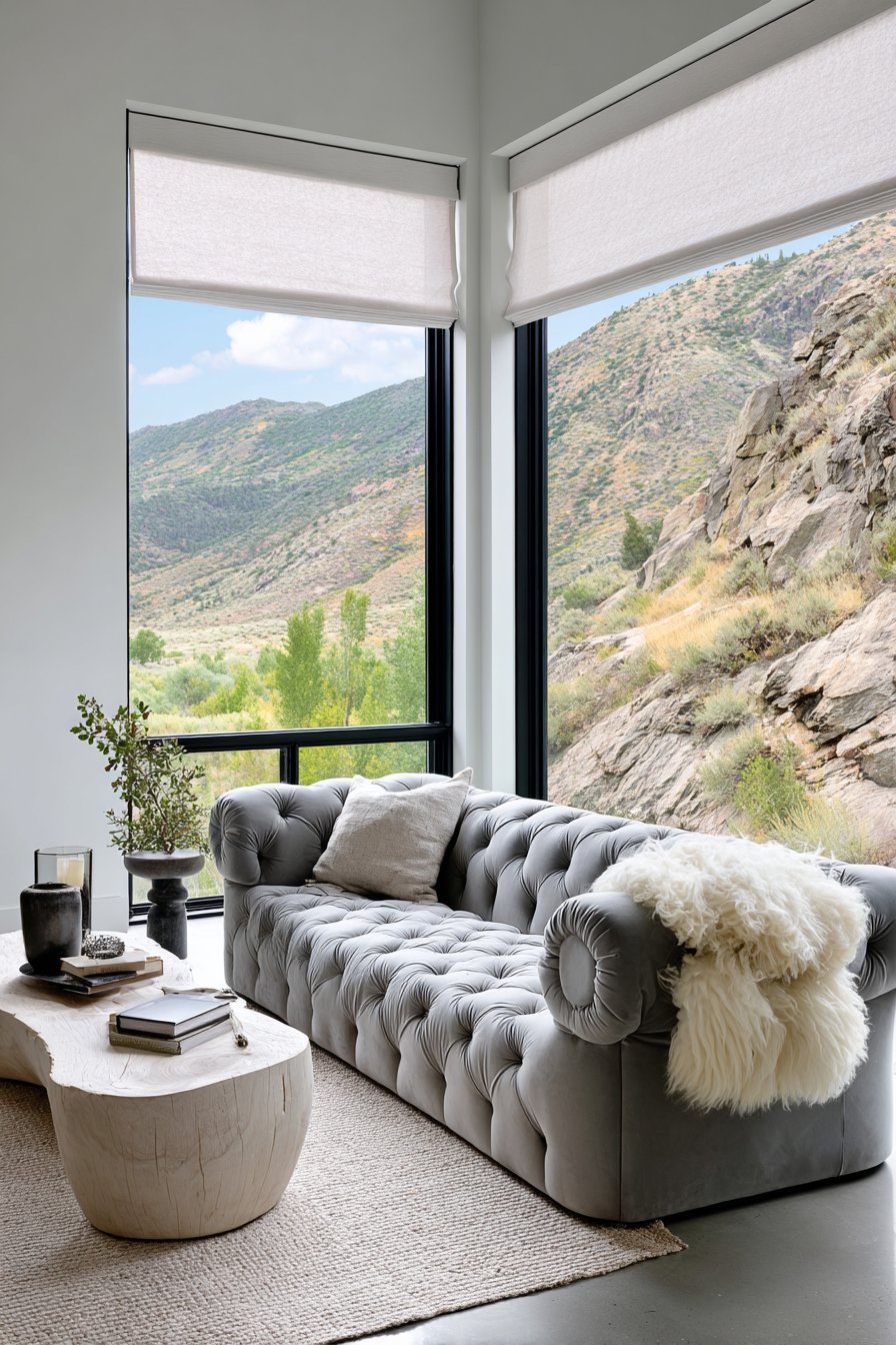 Grey velvet tufted sofa with curved white oak coffee table, sheepskin throw and floor-to-ceiling windows