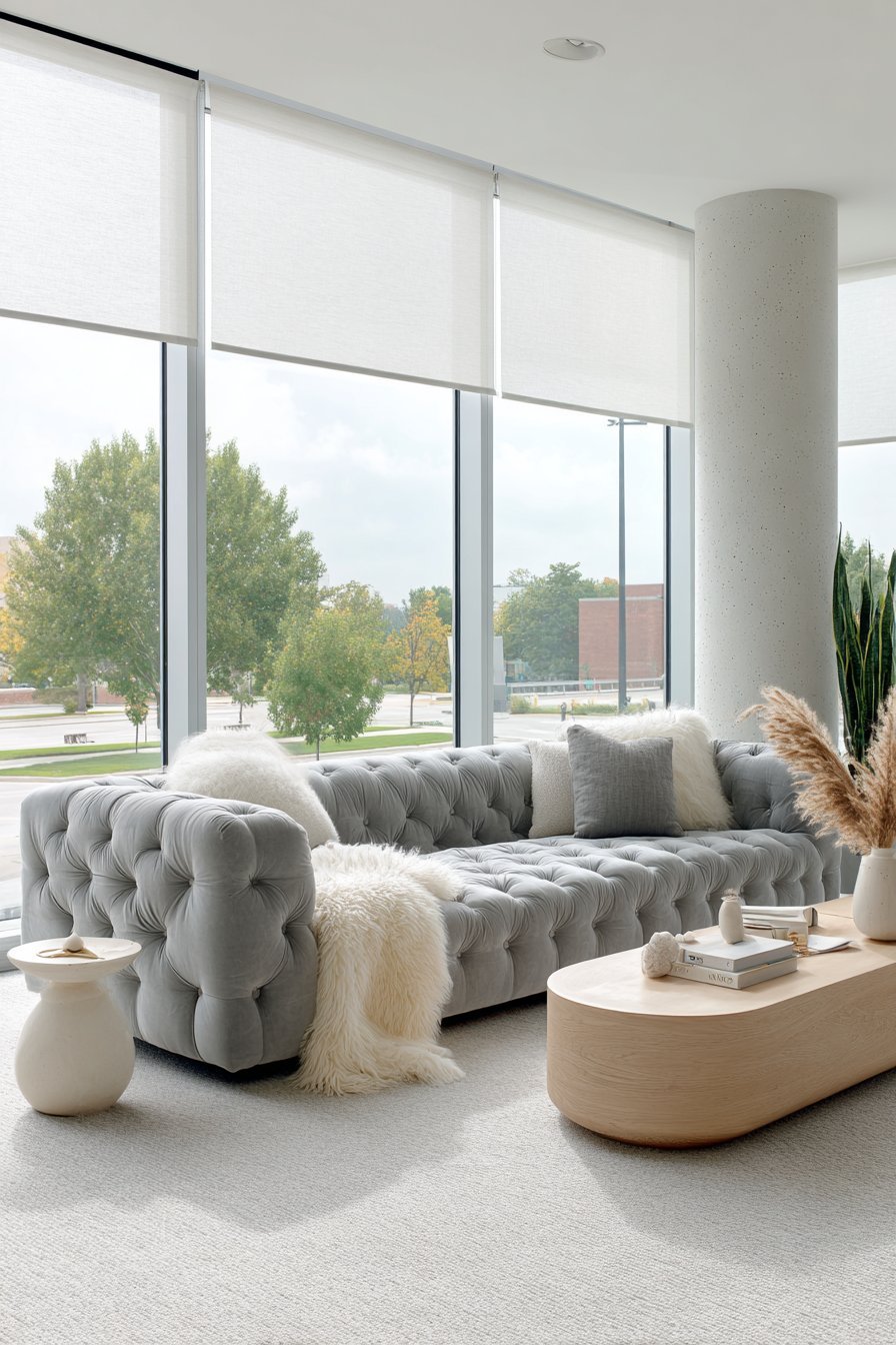 Grey velvet tufted sofa with curved white oak coffee table, sheepskin throw and floor-to-ceiling windows