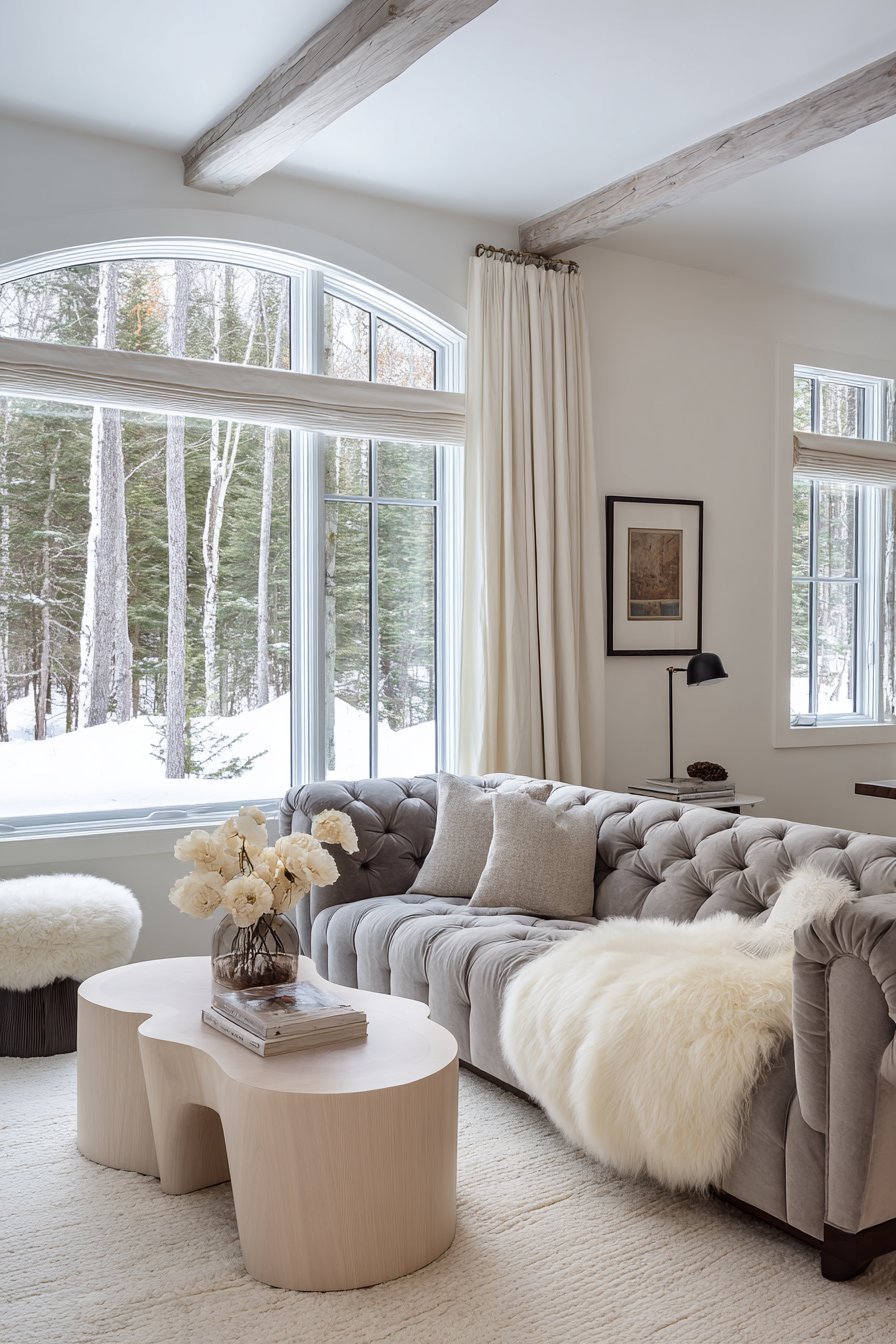 Grey velvet tufted sofa with curved white oak coffee table, sheepskin throw and floor-to-ceiling windows