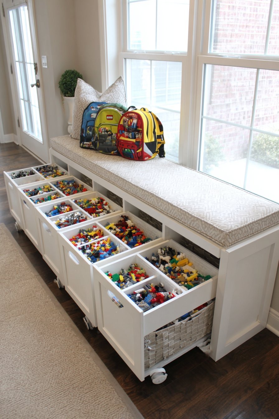 White built-in mudroom bench with lift-up seat, pull-out Lego bins on casters and fabric basket cubbies