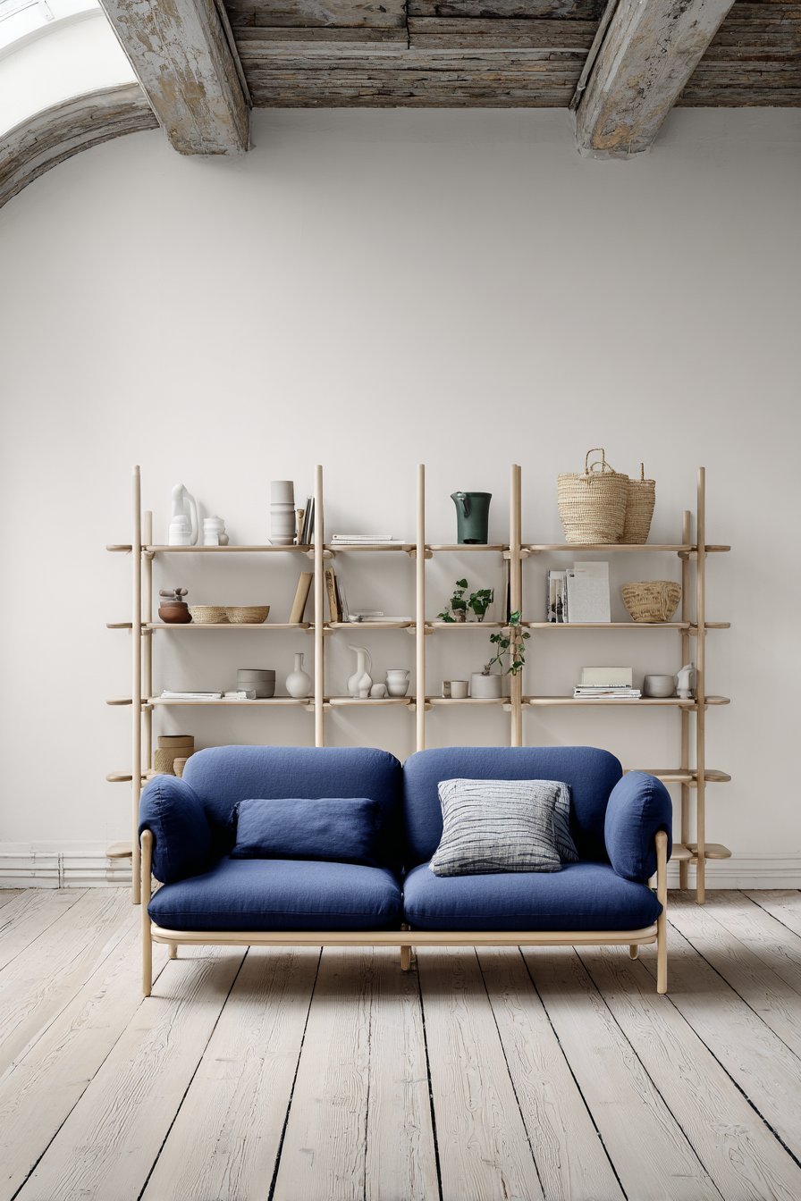 Light birch modular shelving divider with books and baskets behind a navy linen sofa under skylights