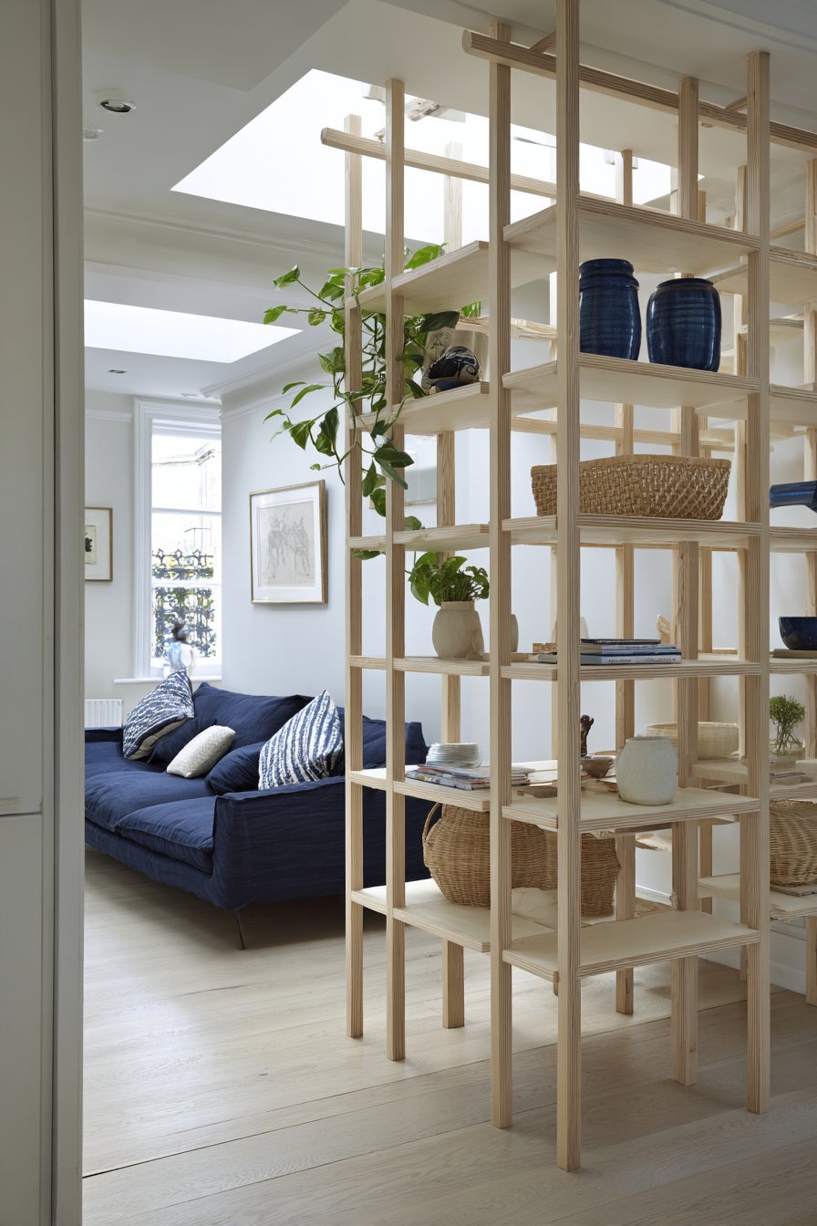 Light birch modular shelving divider with books and baskets behind a navy linen sofa under skylights
