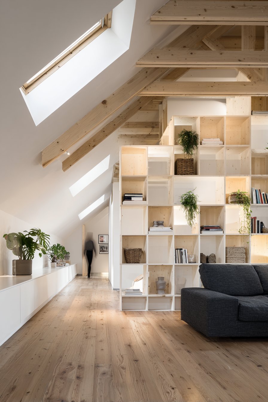 Light birch modular shelving divider with books and baskets behind a navy linen sofa under skylights