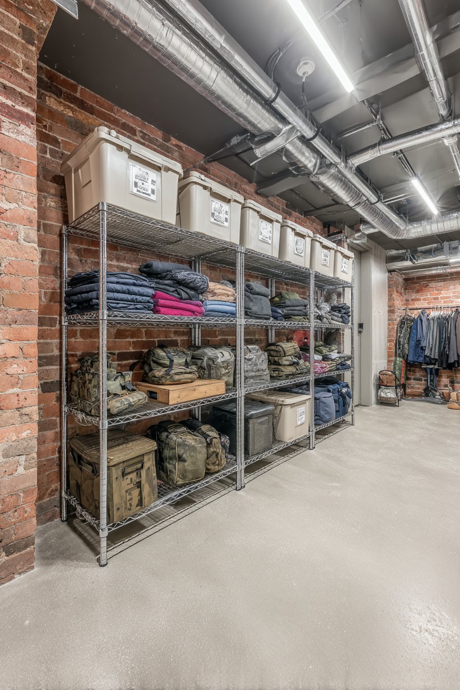 Basement storage wall with floor-to-ceiling metal wire shelving, labeled clear bins and exposed brick above a grey epoxy floor