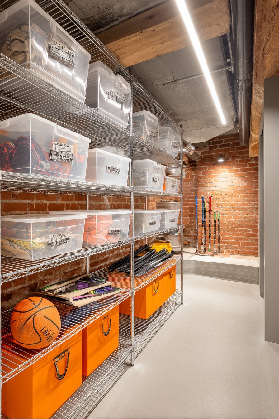 Basement storage wall with floor-to-ceiling metal wire shelving, labeled clear bins and exposed brick above a grey epoxy floor