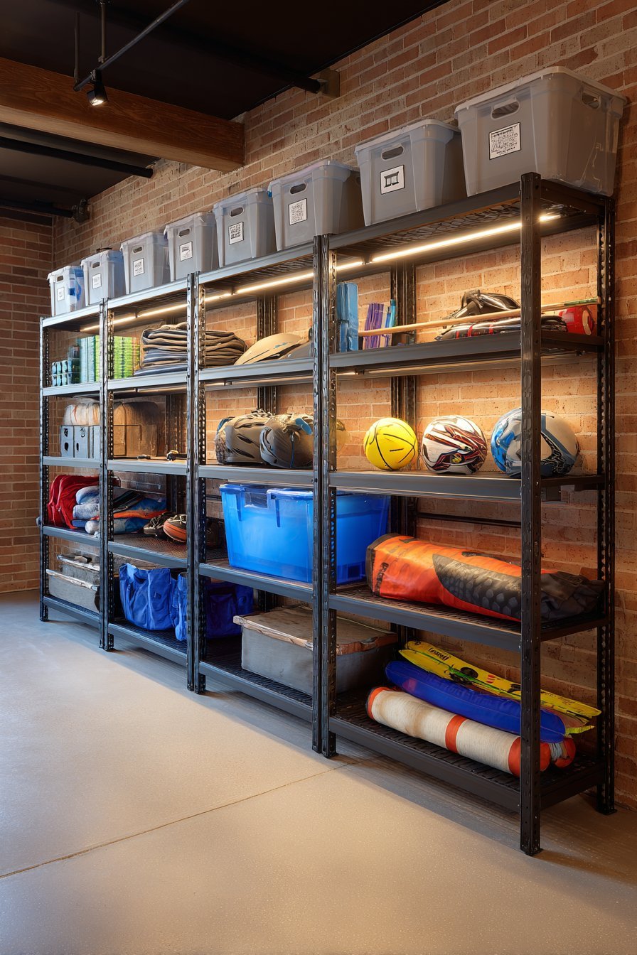 Basement storage wall with floor-to-ceiling metal wire shelving, labeled clear bins and exposed brick above a grey epoxy floor