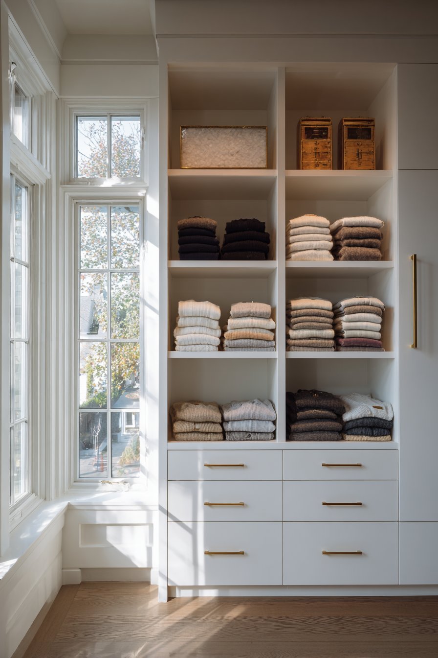 Floor-to-ceiling white matte built-in wardrobe with soft-close drawers, open shelves of sweaters and brushed brass handles
