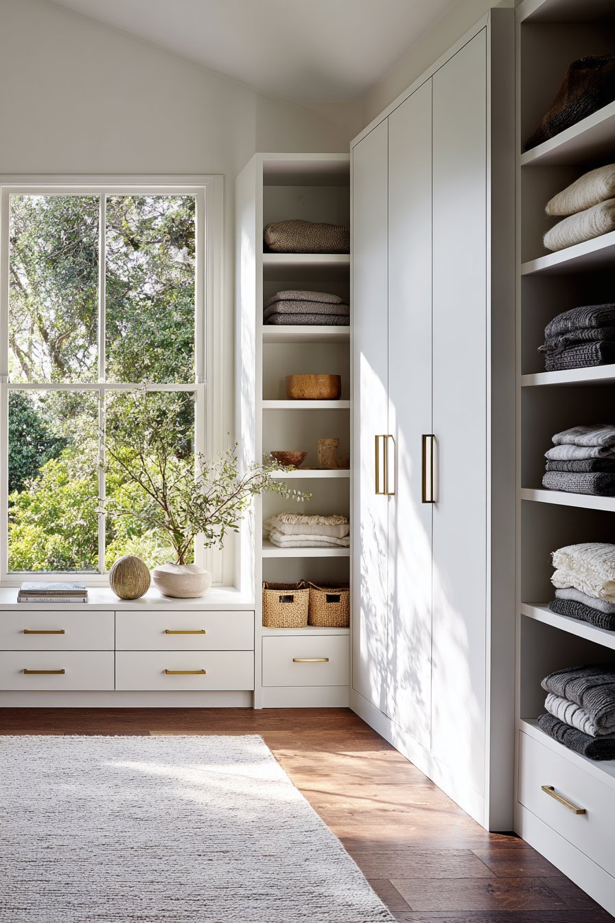 Floor-to-ceiling white matte built-in wardrobe with soft-close drawers, open shelves of sweaters and brushed brass handles