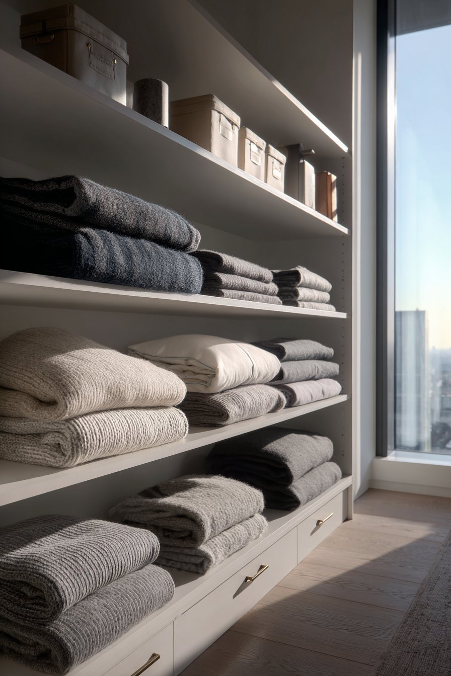 Floor-to-ceiling white matte built-in wardrobe with soft-close drawers, open shelves of sweaters and brushed brass handles
