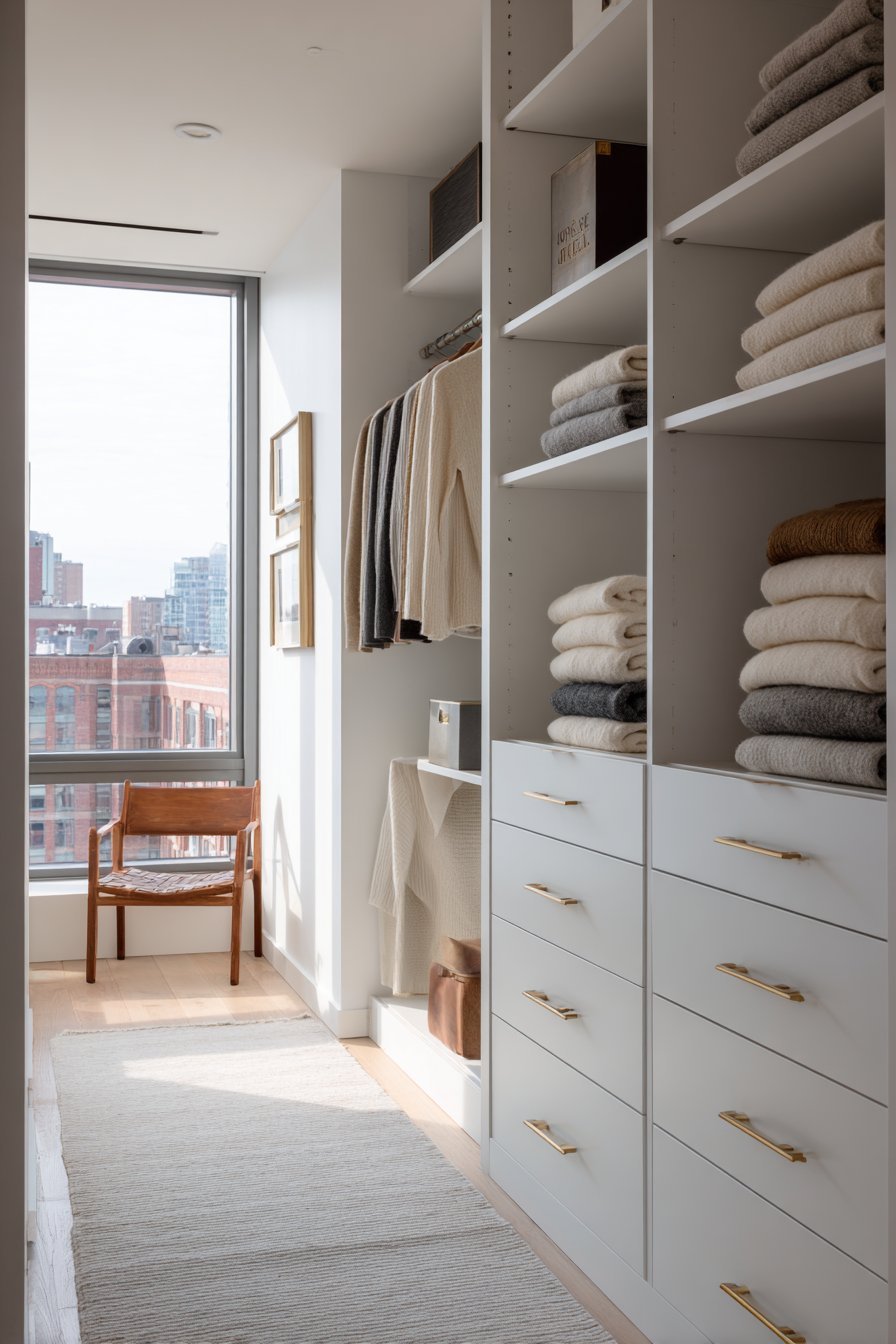 Floor-to-ceiling white matte built-in wardrobe with soft-close drawers, open shelves of sweaters and brushed brass handles