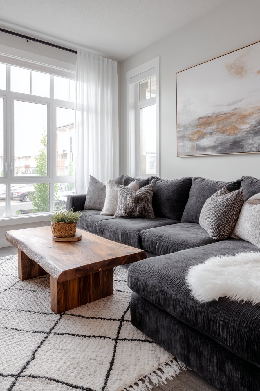 Living room with charcoal linen sectional, live edge walnut coffee table and large abstract canvas in earth tones