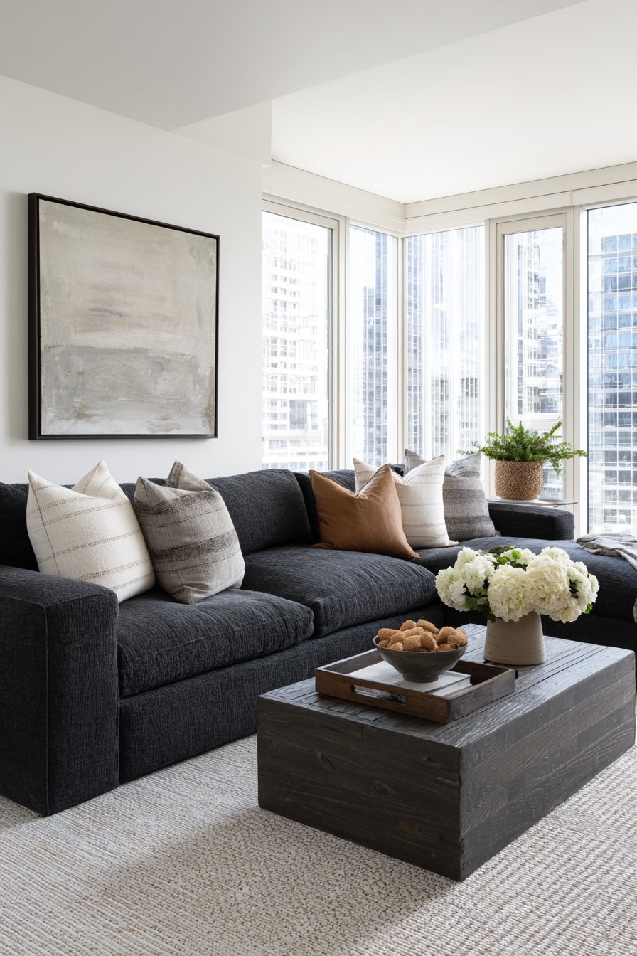 Living room with charcoal linen sectional, live edge walnut coffee table and large abstract canvas in earth tones