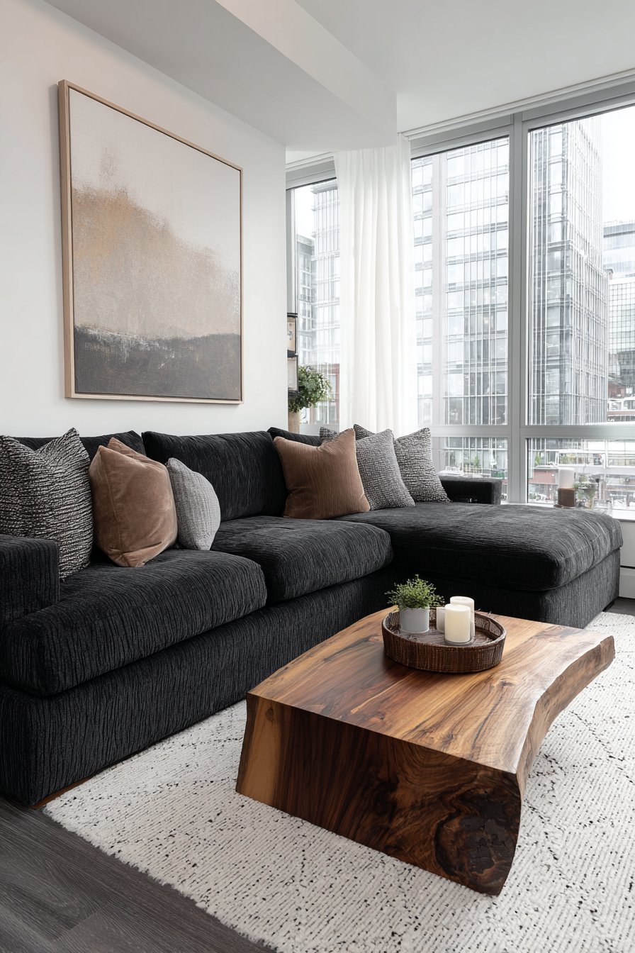 Living room with charcoal linen sectional, live edge walnut coffee table and large abstract canvas in earth tones