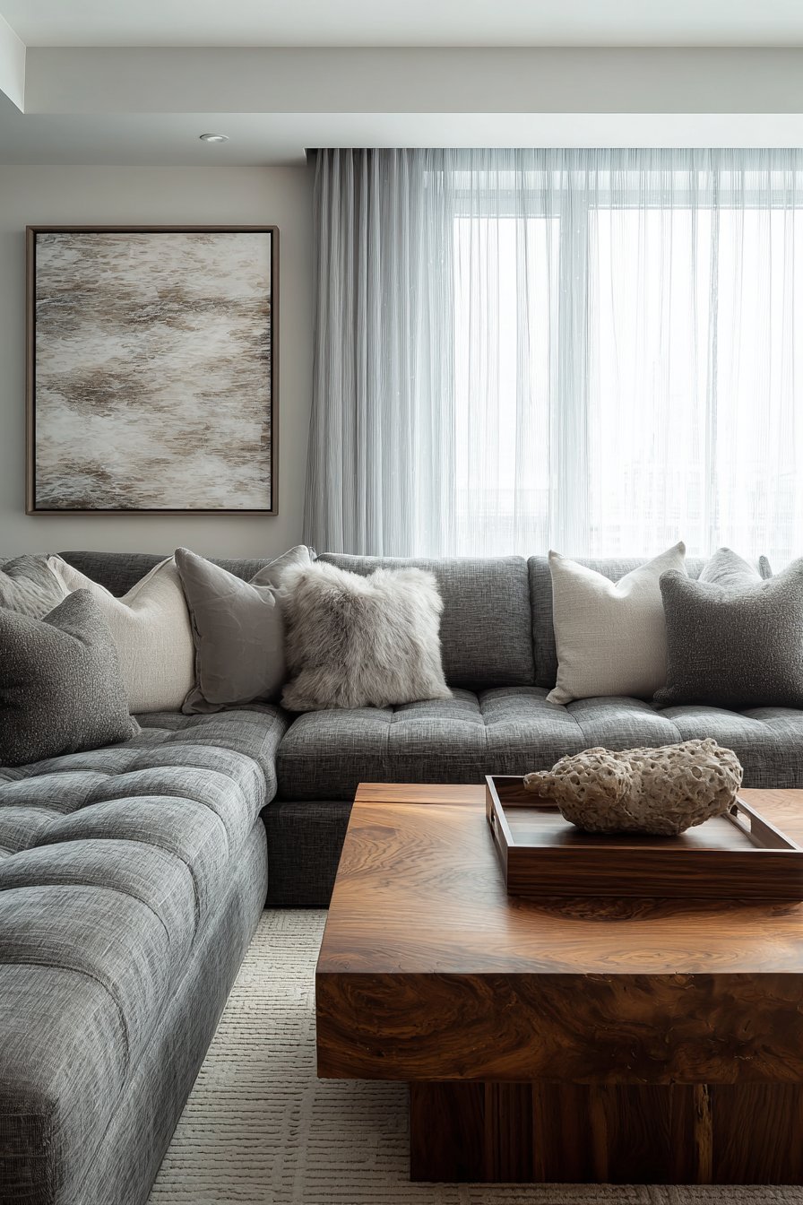 Living room with charcoal linen sectional, live edge walnut coffee table and large abstract canvas in earth tones