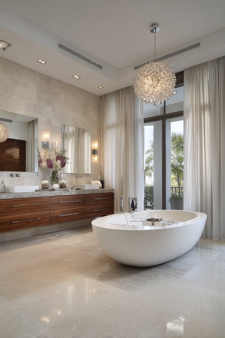 Master bathroom with freestanding soaking tub under a picture window, walnut double vanity and chandelier
