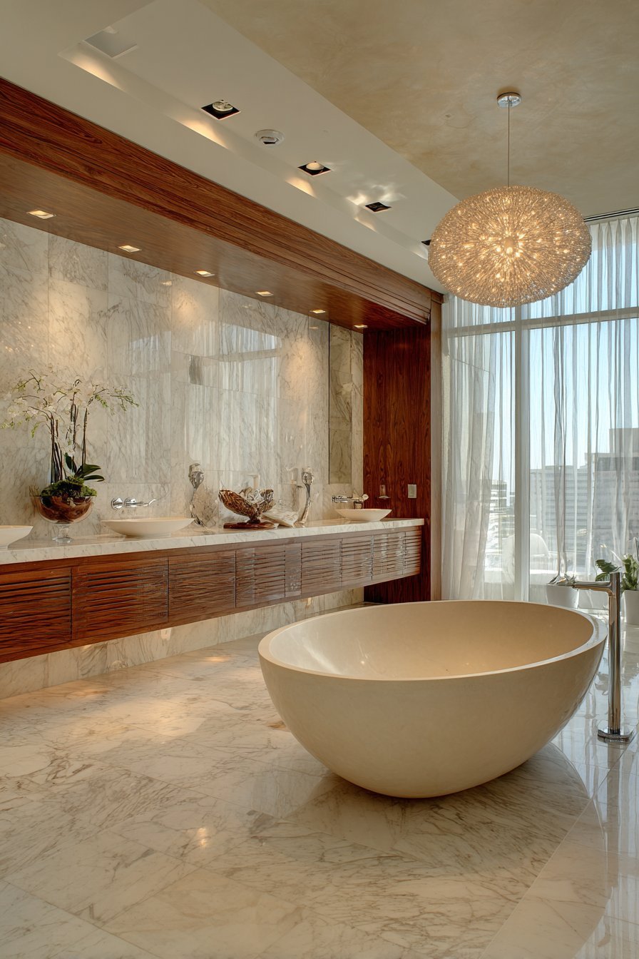 Master bathroom with freestanding soaking tub under a picture window, walnut double vanity and chandelier