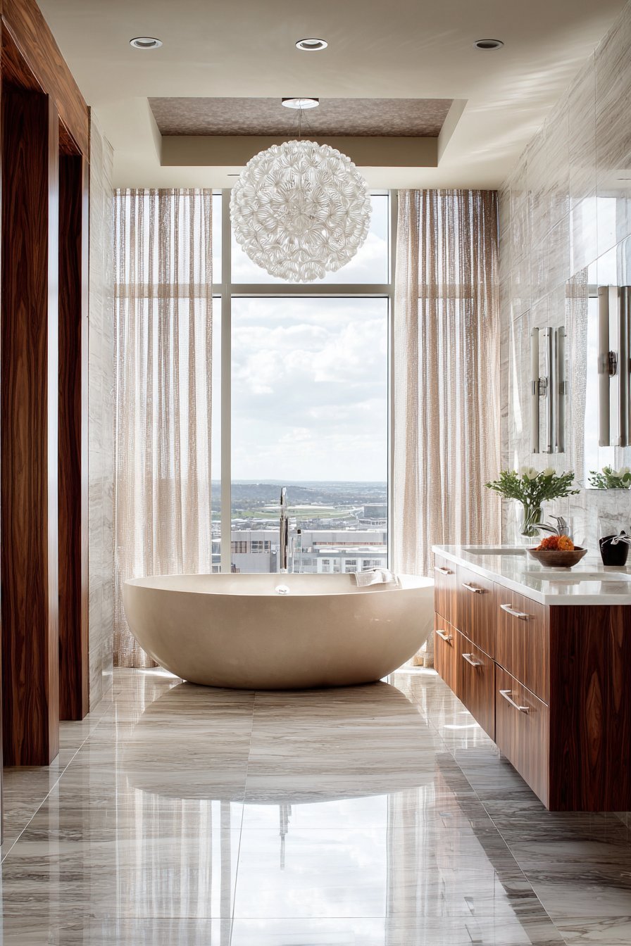 Master bathroom with freestanding soaking tub under a picture window, walnut double vanity and chandelier