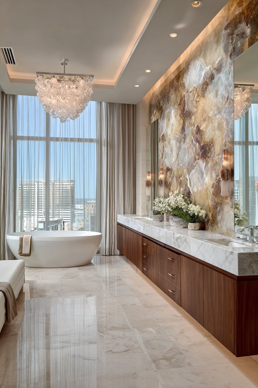 Master bathroom with freestanding soaking tub under a picture window, walnut double vanity and chandelier