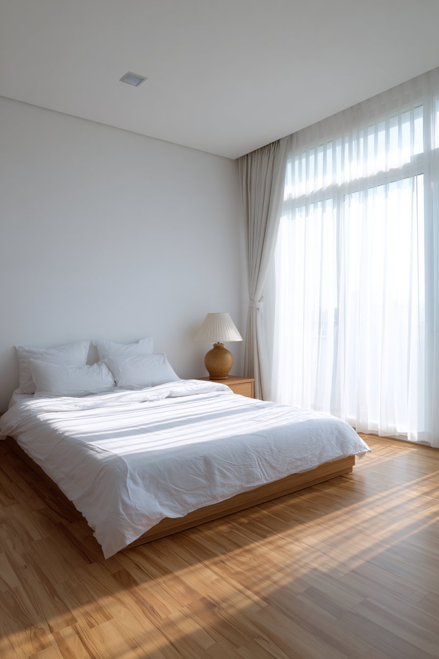 Minimal bedroom with low platform bed, white linen duvet, small oak nightstand and light oak floor under a sheer-curtained window