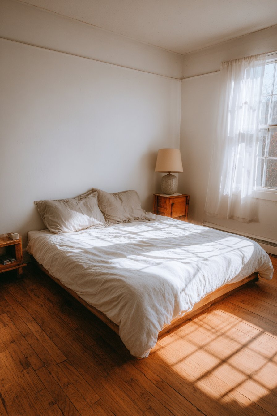 Minimal bedroom with low platform bed, white linen duvet, small oak nightstand and light oak floor under a sheer-curtained window