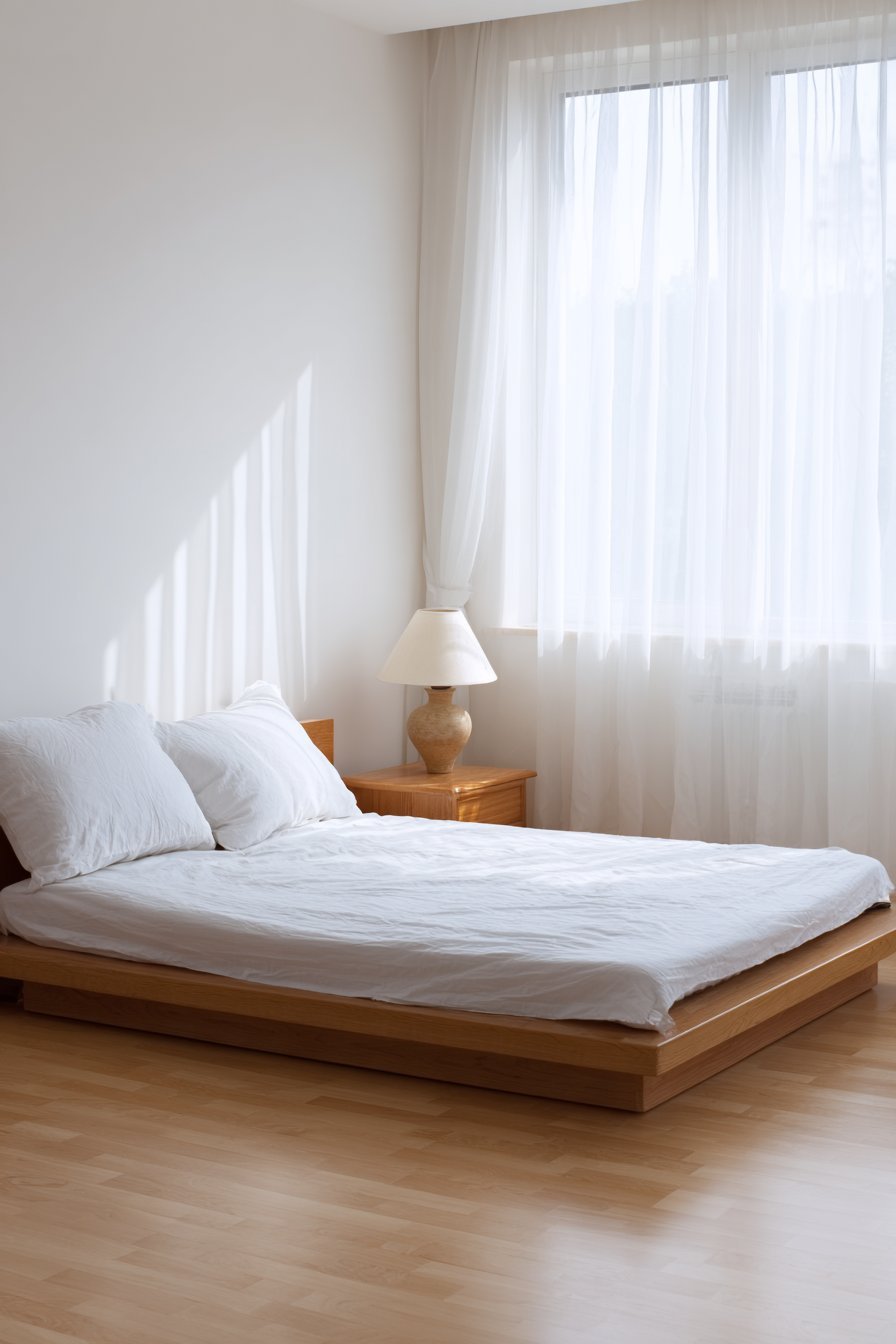 Minimal bedroom with low platform bed, white linen duvet, small oak nightstand and light oak floor under a sheer-curtained window