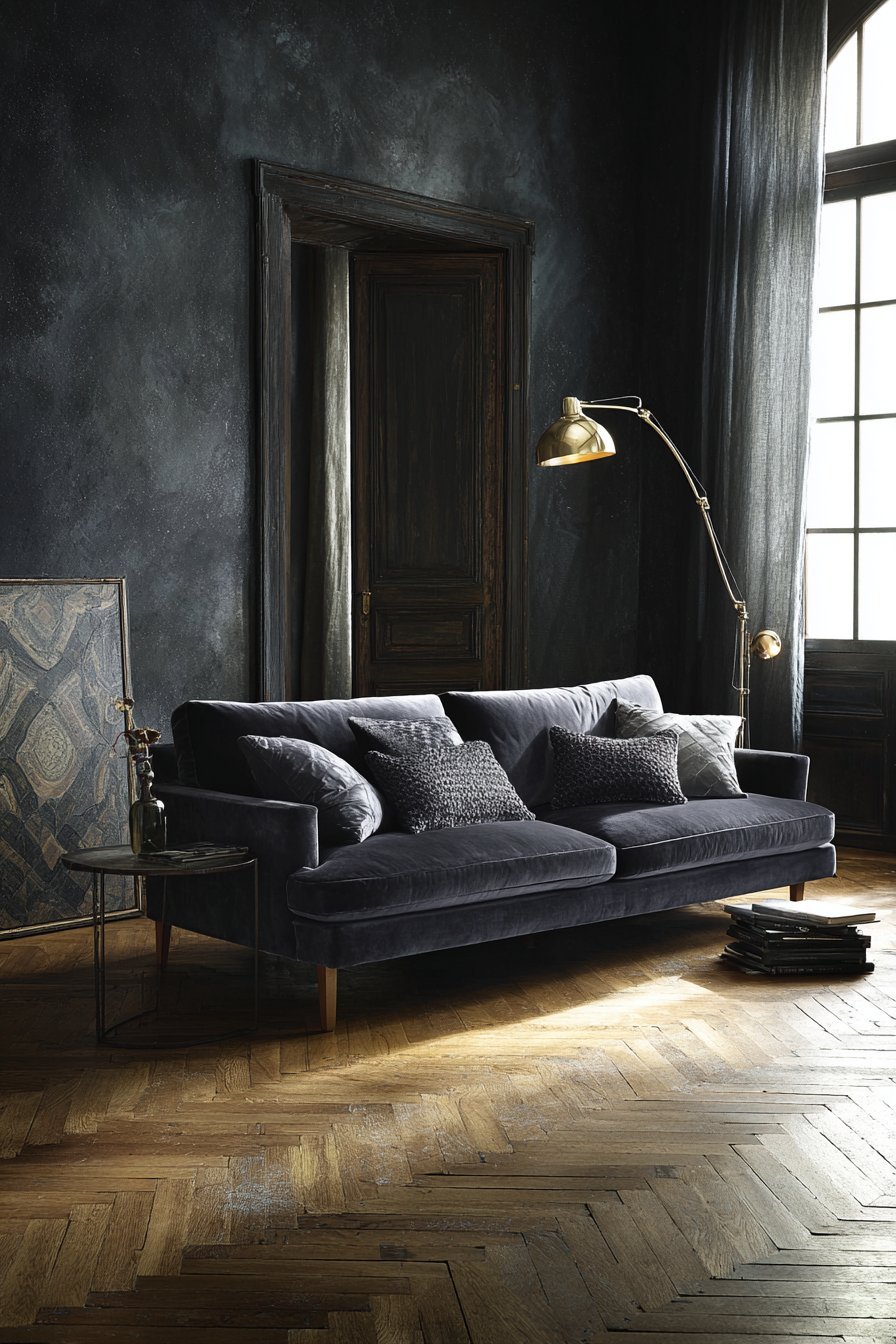 Moody living room with deep charcoal walls, navy velvet sofa, brass floor lamp and oak floor