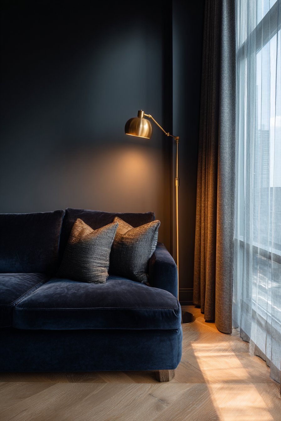 Moody living room with deep charcoal walls, navy velvet sofa, brass floor lamp and oak floor