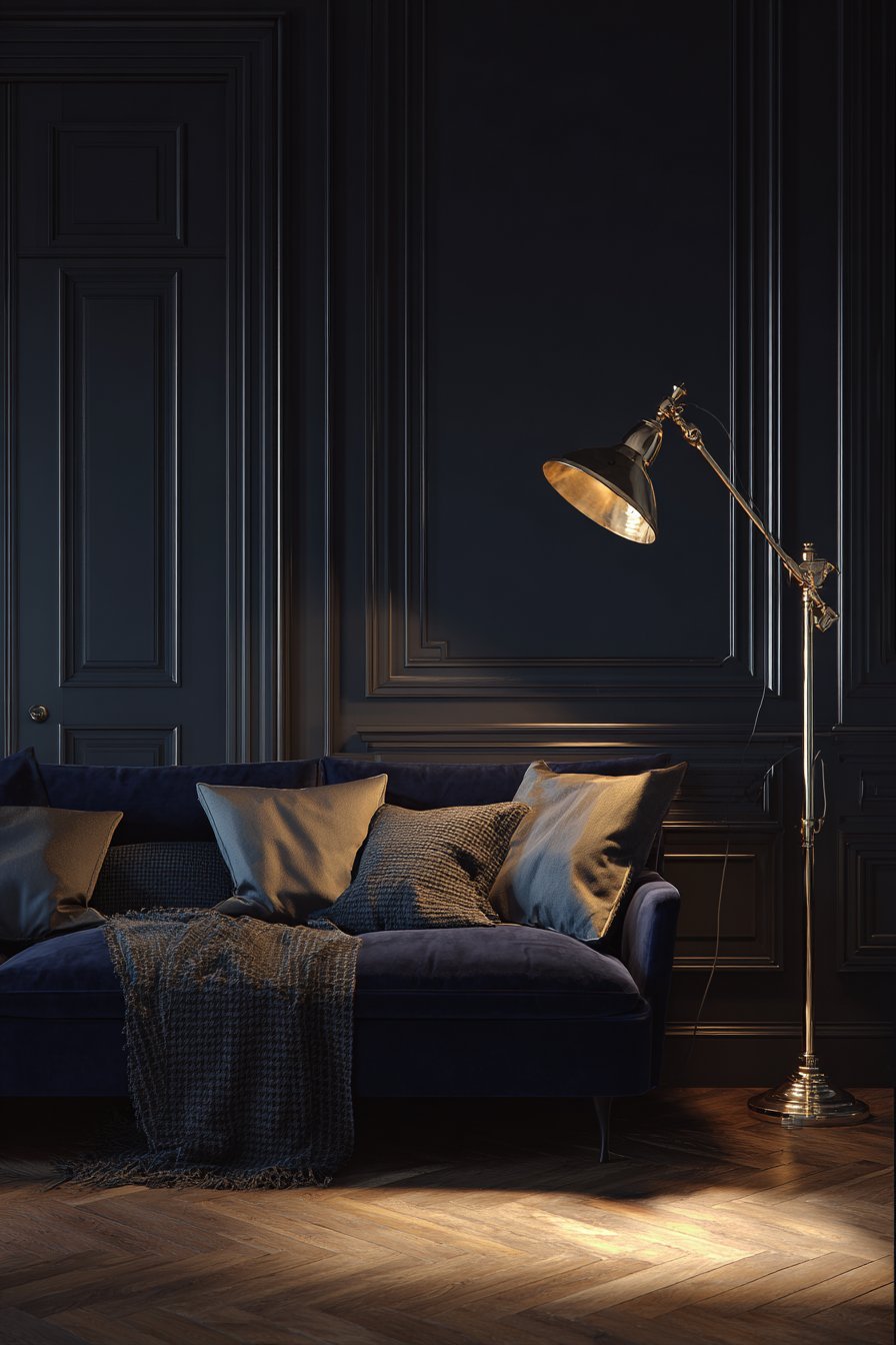 Moody living room with deep charcoal walls, navy velvet sofa, brass floor lamp and oak floor