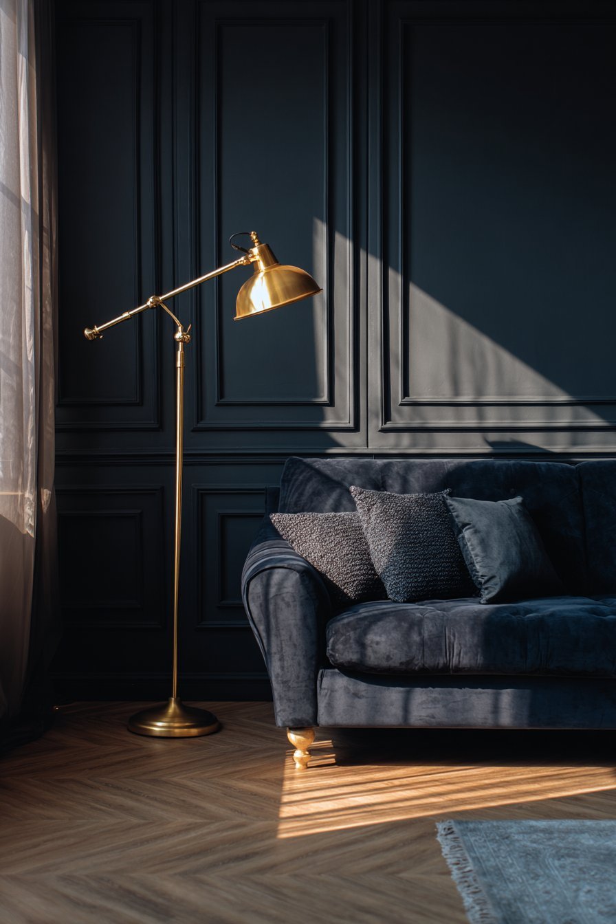 Moody living room with deep charcoal walls, navy velvet sofa, brass floor lamp and oak floor