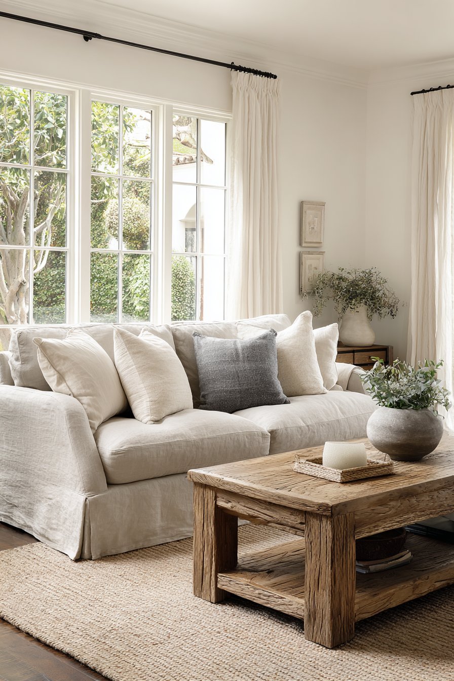 Neutral living room with beige linen sofa, oak coffee table and jute rug before an ivory accent wall