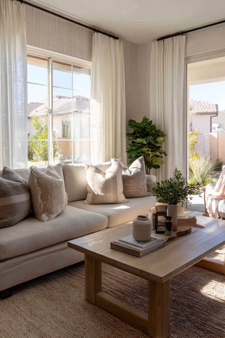 Neutral living room with beige linen sofa, oak coffee table and jute rug before an ivory accent wall