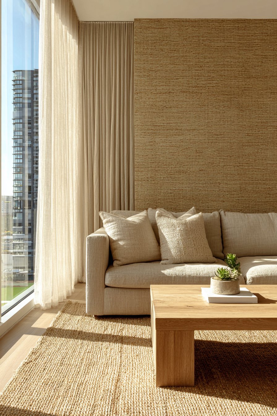 Neutral living room with beige linen sofa, oak coffee table and jute rug before an ivory accent wall