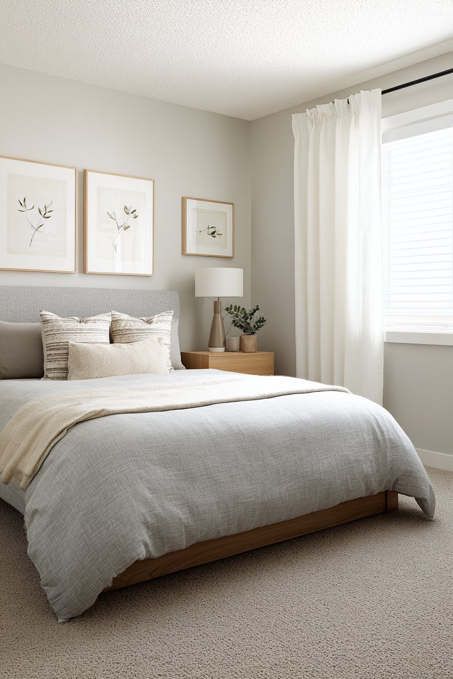 Small bedroom with grey linen upholstered bed, floating oak nightstand and three botanical prints above