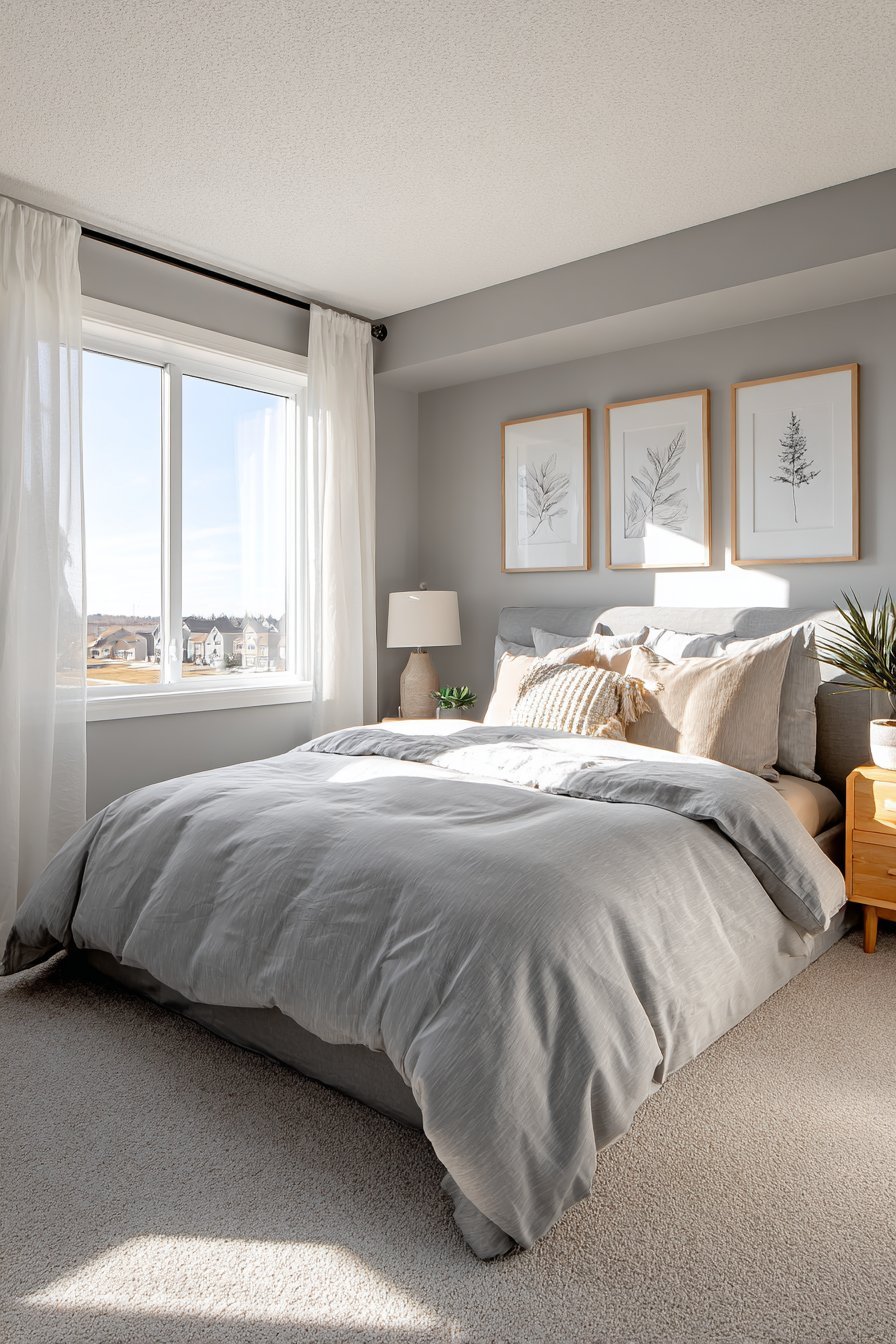 Small bedroom with grey linen upholstered bed, floating oak nightstand and three botanical prints above