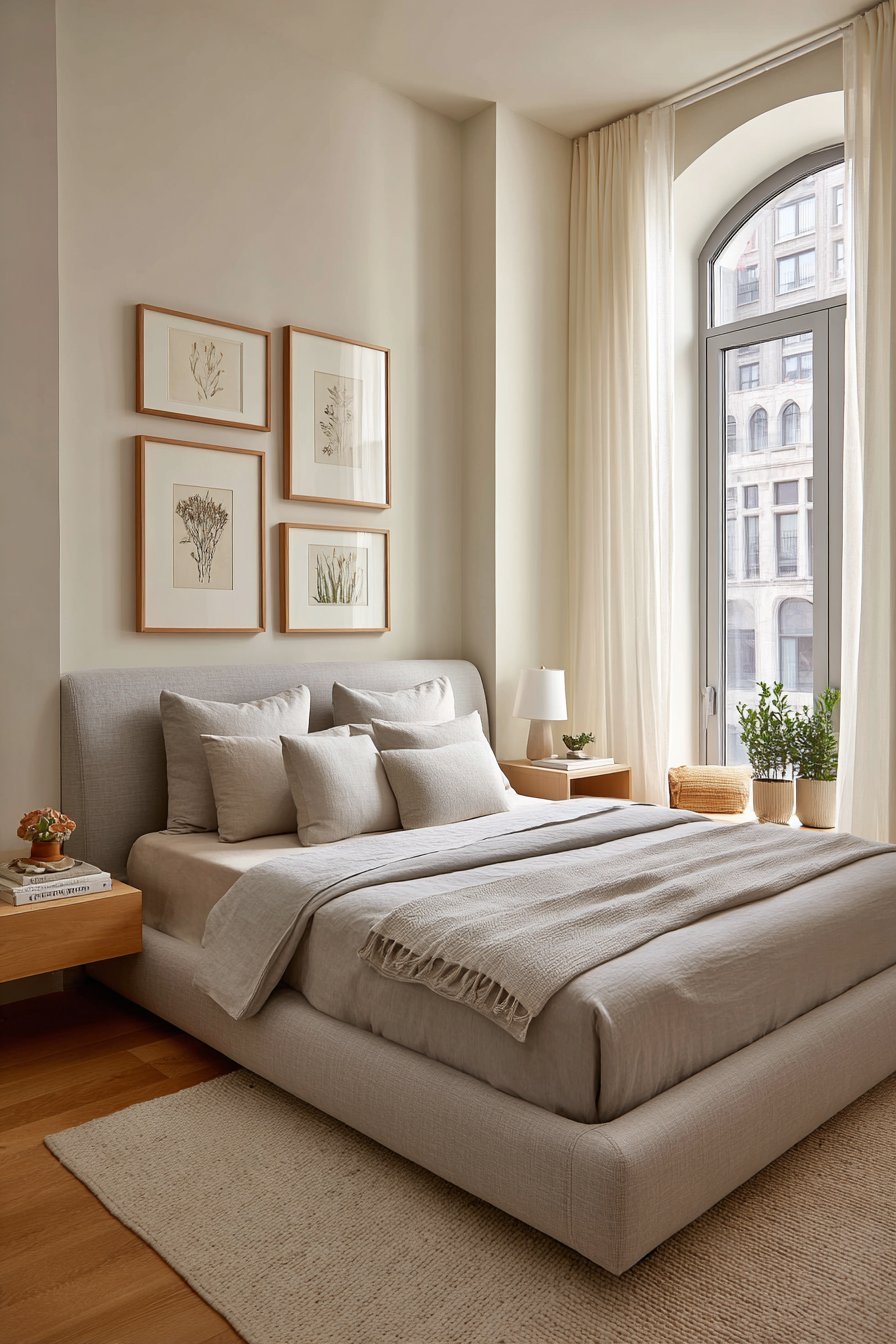 Small bedroom with grey linen upholstered bed, floating oak nightstand and three botanical prints above